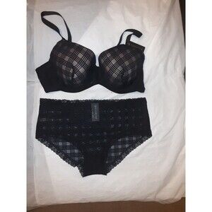 Youmita 42DD Black Geo Lace Bra & 2x Geo Lace Panty NWT